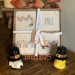 Rae Dunn Peanuts FALL/AUTUMN Coasters w/Snoopy &Woodstock salt & pepper shakers